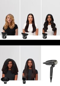 Cinq femmes avec différentes coiffures et textures de cheveux, présentées avec un sèche-cheveux noir et cinq embouts interchangeables pour sèche-cheveux.