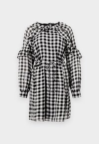 Robe à carreaux noir et blanc avec un col et des manches à volants, taille cintrée avec un nœud, et longues manches transparentes.