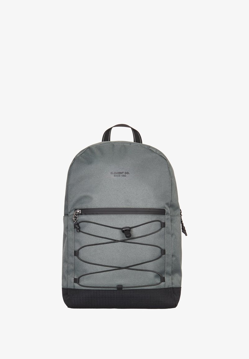 Gray backpack with a textured finish, featuring a front zip pocket and bungee cord details. Black accents at the base and a top handle.