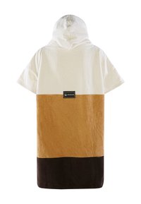 Indumento a maniche corte con cappuccio, composto da una parte superiore color crema, una parte centrale marrone e una parte inferiore marrone scuro; include un logo quadrato sulla parte superiore.