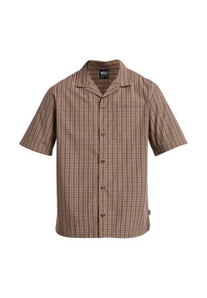 Lyhythihainen kauluksellinen paita ruskeassa ja sinappiruutukuviossa, jossa on napillinen etuosa ja yksi rinnatasku. Kevyt materiaali.