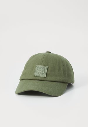 Căciulă verde dintr-un material texturat, cu o vizieră curbă. Prezintă o etichetă pătrată cu un grafic al unui leu pe față.
