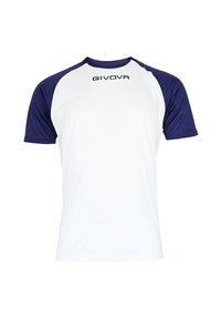 Mænds atletisk T-shirt i hvid og navy. Korte ærmer, glat tekstur, GIVOVA-logo foran. Rund halsdesign, letvægtsstof.