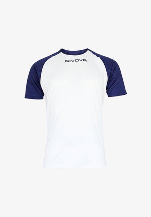 Camiseta deportiva para hombre en blanco y marino. Manga corta, textura suave, logo de GIVOVA en el frente. Diseño de cuello redondo, tejido ligero.