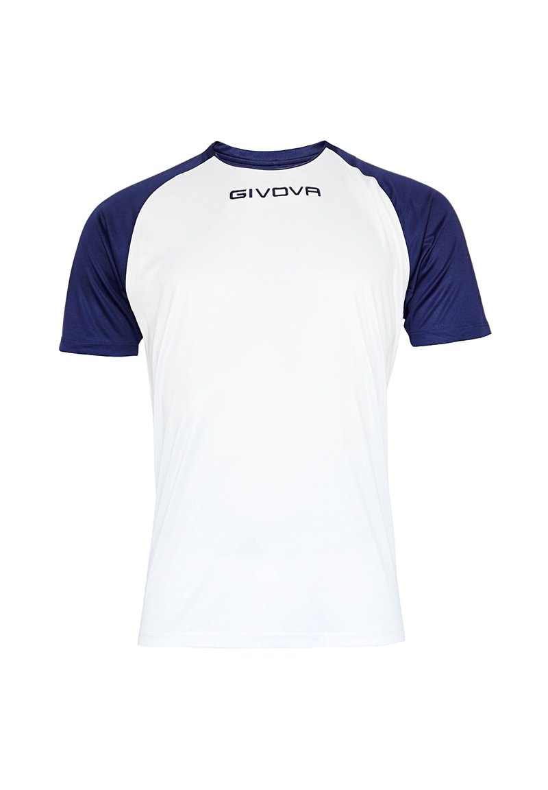 Mænds atletisk T-shirt i hvid og navy. Korte ærmer, glat tekstur, GIVOVA-logo foran. Rund halsdesign, letvægtsstof.