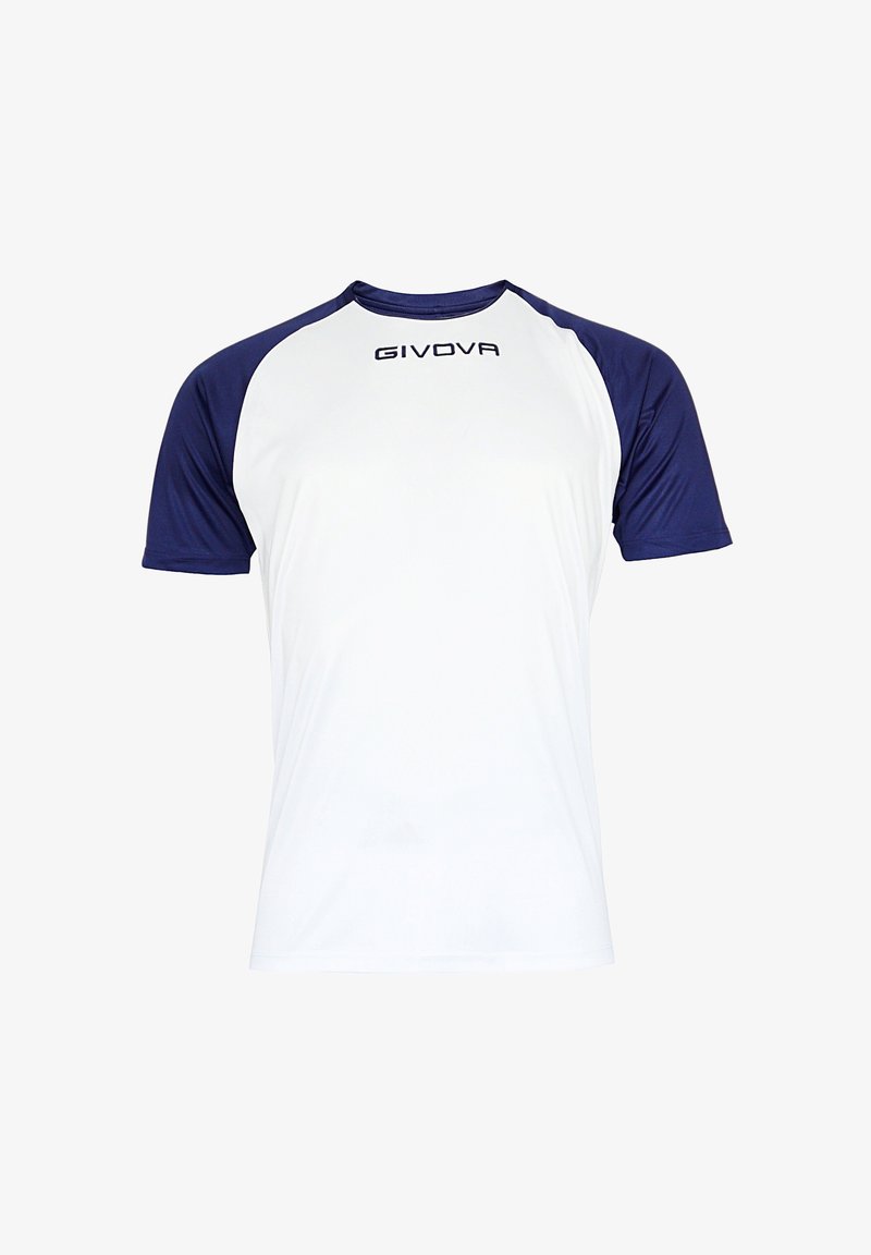 Mænds atletisk T-shirt i hvid og navy. Korte ærmer, glat tekstur, GIVOVA-logo foran. Rund halsdesign, letvægtsstof.