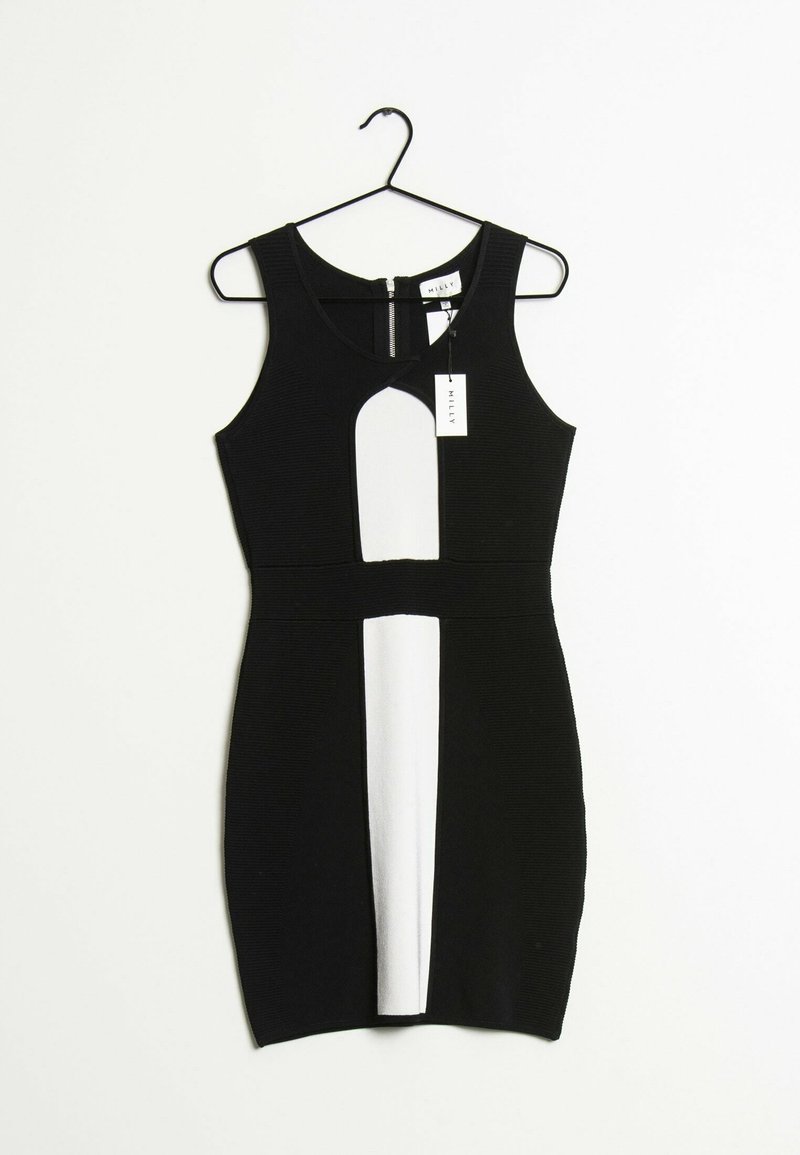 Robe noire moulante sans manches avec panneaux verticaux blancs au centre devant, encolure ronde, fermeture éclair au dos, suspendue sur un cintre noir avec une étiquette MILLY.