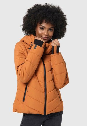 Orange puffy jacket with a hood, featuring diagonal quilted texture, black accents on cuffs and zipper, and adjustable drawstring.