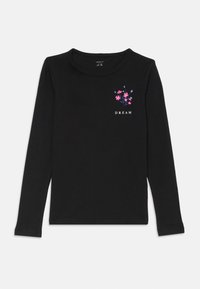 Schwarzes Langarmshirt aus Baumwolle. Verfügt über ein florales Design in Pink und Blau mit dem Wort "DREAM", das unter dem Grafikdesign gedruckt ist.