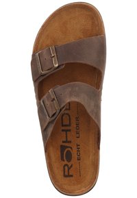 Sandalo in pelle marrone con due fibbie regolabili, superficie superiore liscia e soletta imbottita con marchio "Rohde Echt Leder".