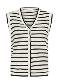 Striped sleeveless vest in black and white cotton blend, featuring a v-neck, button closure, and contrast edging along the neckline and hem.
