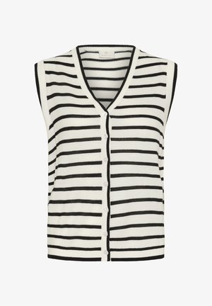 Striped sleeveless vest in black and white cotton blend, featuring a v-neck, button closure, and contrast edging along the neckline and hem.