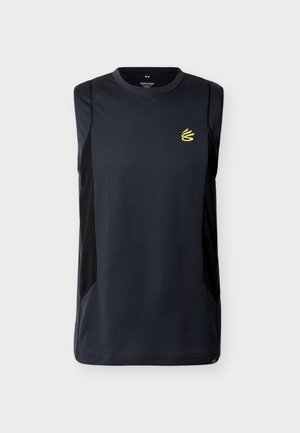 Zwart mouwloos sportshirt met klein geel logo op de linkerborst en zwarte zijpanelen op een witte achtergrond.