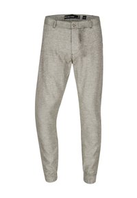 Pantalon gris clair en tissu texturé, avec une braguette zippée et une fermeture à bouton, jambes fuselées et poignets élastiques à la cheville.