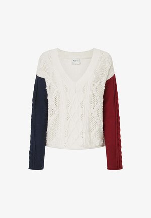 Kootud kampsun, millel on valge keha, tumesinine vasak varrukas ja burgaunia punane parem varrukas. Omab V-kaela ja palmikute kudumist.