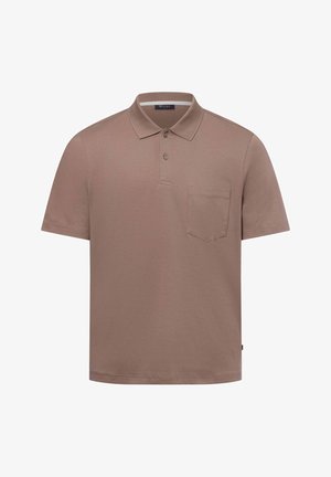 Kurzärmliges Polohemd in Hellbraun, aus weichem Stoff, mit einer Drei-Knopf-Leiste und einer Brusttasche sowie einem geraden Saum.