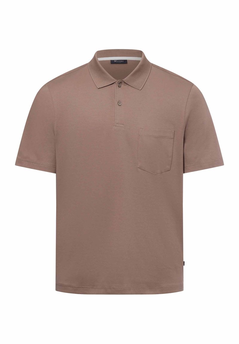 Kurzärmliges Polohemd in Hellbraun, aus weichem Stoff, mit einer Drei-Knopf-Leiste und einer Brusttasche sowie einem geraden Saum.