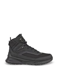 Schwarzer, wasserdichter Wanderstiefel mit hohem Schaft, profilierter Sohle, Schnürung vorne und gepolstertem Knöchelschutz.