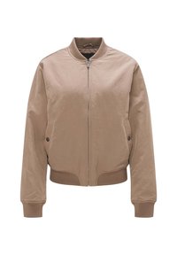 Giubbotto bomber beige con zip frontale, polsini e bordo a costine, tasche laterali con chiusura a bottone, texture liscia e design minimale.