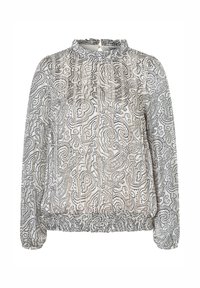 Leichte Bluse mit einem schwarz-weißen Paisley-Muster, gerafftem Ausschnitt und elastischem Saum. Lange Ärmel mit elastischen Bündchen.