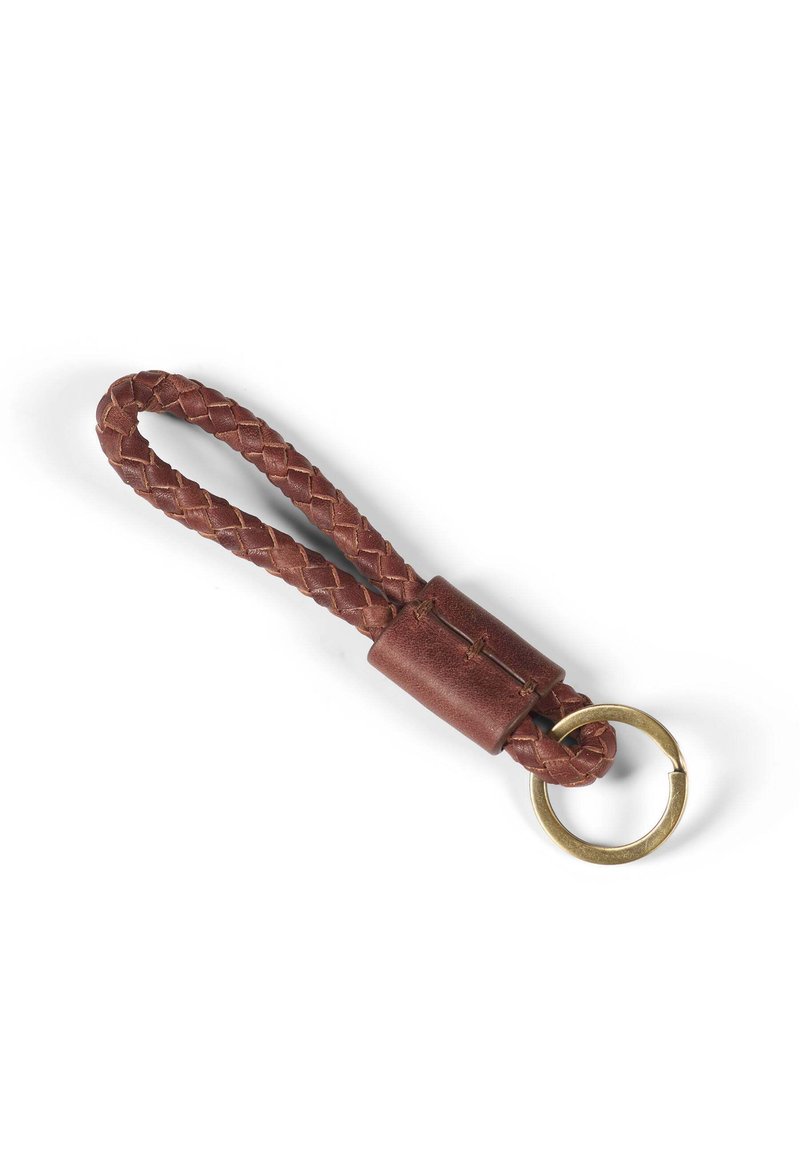 Brown braided leather keychain with a leather grip and gold metal ring, featuring textured surface and visible stitching details.