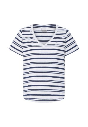 Wit T-shirt met korte mouwen en V-hals met onregelmatige marineblauwe horizontale strepen en een afgeronde zoom.