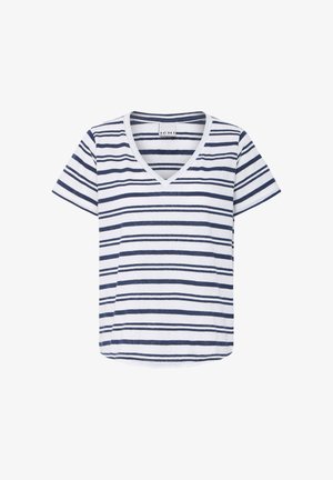 Wit T-shirt met korte mouwen en V-hals met onregelmatige marineblauwe horizontale strepen en een afgeronde zoom.