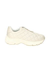 Beige Stepp-Sneaker mit einem strukturierten Lederoberteil, einem Reißverschluss und einer klobigen weißen Sohle, die über eine gepolsterte Knöchelstütze verfügt.