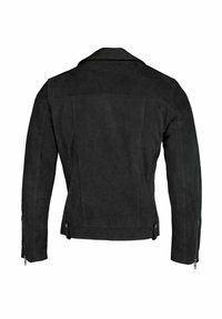 Jachetă neagră din piele întoarsă cu design ajustat, guler ascuțit și manșete cu fermoar. Prezintă detalii de cusături și o textură netedă.