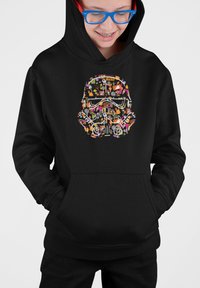 Czarna bluza z kapturem z kolorową grafiką szturmowca wykonaną z różnych kształtów i wzorów, z przednią kieszenią i ściągaczami przy mankietach.