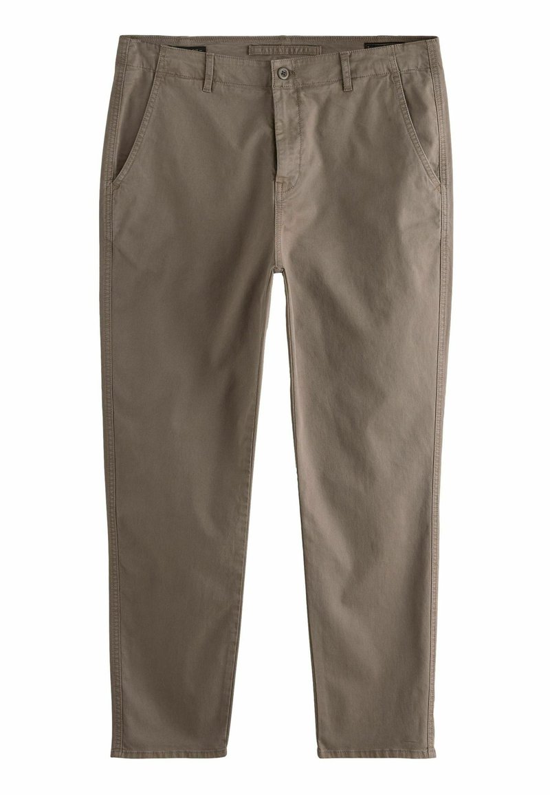 Chinos de algodón beige con un diseño de pierna recta, que presentan bolsillos laterales y un cierre de botón. Textura suave, cinturilla estructurada.