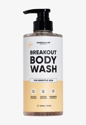Flacon-pompe Breakout Body Wash pour peau sensible avec acide salicylique, acide glycolique, niacinamide et centella, 500 ml.