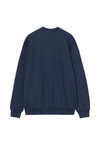 Sudadera azul marino con escote de tripulación, puños y cintura de canalé. Tejido suave con una textura lisa, que presenta un diseño minimalista.