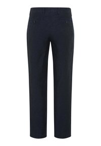 Pantalons en lin navy avec une coupe droite, deux poches arrière et passants de ceinture. Le tissu a une finition texturée, adapté pour une tenue décontractée.