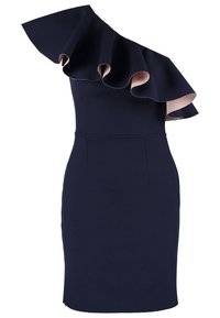 Robe bleu marine avec un design à une épaule, arborant un grand volant sur l'épaule et une silhouette ajustée. Tissu lisse, sans motifs visibles.