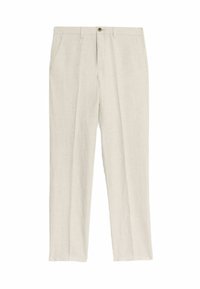 Pantalones de lino color beige claro con pierna recta, un solo botón frontal y bolsillos laterales. Presenta una textura suave y un diseño minimalista.