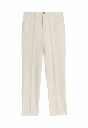 Pantalones de lino color beige claro con pierna recta, un solo botón frontal y bolsillos laterales. Presenta una textura suave y un diseño minimalista.