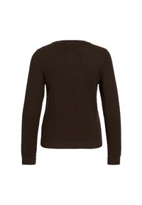 Brūns adīts džemperis ar teksturētu rakstu, garām piedurknēm un apaļu apkakli. Ribotas piedurknes un apakšmala, kas nodrošina pieguļošu izskatu.