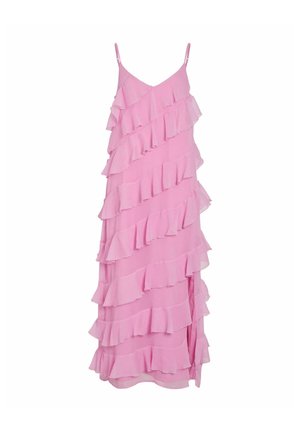 Roosa ilma varrukateta kleit kihiliste volangide disainiga, kerge kangas ja külgse lõhik mugavaks liikumiseks. Reguleeritavad õhukesed rihmad.