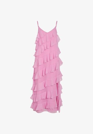 Roosa ilma varrukateta kleit kihiliste volangide disainiga, kerge kangas ja külgse lõhik mugavaks liikumiseks. Reguleeritavad õhukesed rihmad.