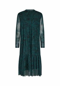 Vestido de manga larga en verde oscuro con un estampado de hojas, que presenta un dobladillo acampanado y texturizado de tela suave y ligera.