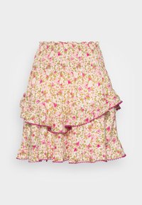Saia com estampa floral em creme, com volantes e acabamento em rosa. Confeccionada em tecido leve, com um cós elástico para maior conforto.