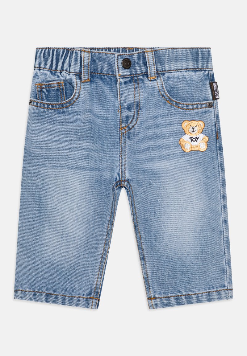 Light blue denim shorts with an elasticated waistband, front pockets, and an embroidered teddy bear patch labeled "Toy" on the left.