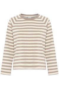 Striped long-sleeve top in soft beige and cream cotton blend. Features a round neckline and raglan sleeves. Textured, lightweight fabric.