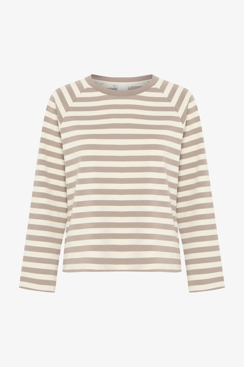 Raidallinen pitkähiha paita pehmeästä beige- ja kerma-villasekoitteesta. Ominaisuuksia ovat pyöreä pääntie ja raglan-hihat. Teksturoitu, kevyt kangas.
