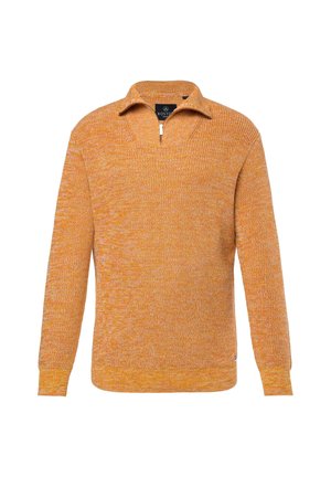 Oranžový svetr s vyzipovaným krkem a texturovaným pletením. Má krátký límec a dlouhé rukávy. Na vnitřní straně krku je viditelná značka.