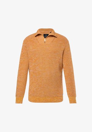 Orange zip-neck pullover sweater med et tekstureret strikmønster. Har en kort krave og lange ærmer. Brandmærke synligt indeni kraven.