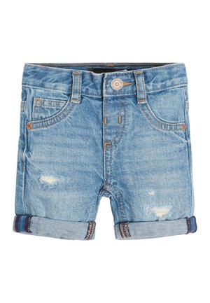 Shorts pour tout-petits en denim bleu clair avec ourlets retroussés, détails usés, poches avant, passants de ceinture et fermeture par bouton.