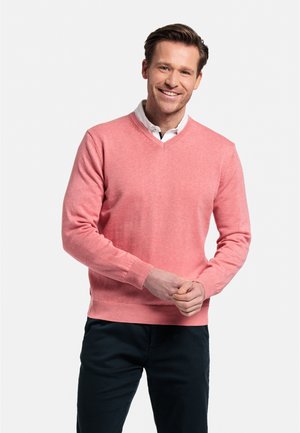 Lichtroze v-hals trui gemaakt van zachte stof, met ribgebreide boorden en zoom. Draag een kraagloze witte blouse eronder, terwijl het model glimlachend poseert.