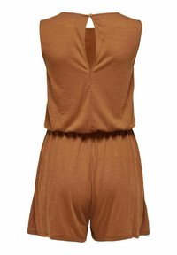 Combinaison sans manches couleur rouille avec taille élastique et une petite ouverture à bouton au niveau du haut du dos.